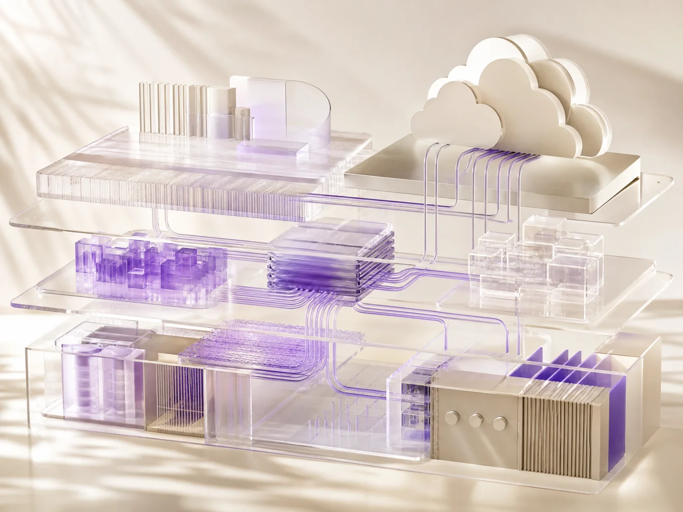 Connected architectural layers representing software, cloud, data, and operations working as one system