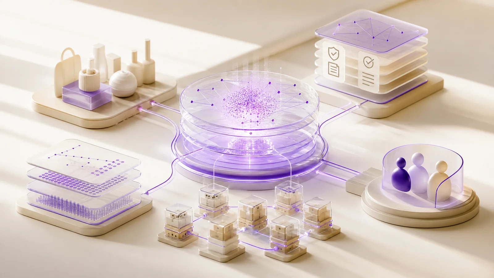 Retail knowledge, inventory, policy, and human review connected through a central AI service layer